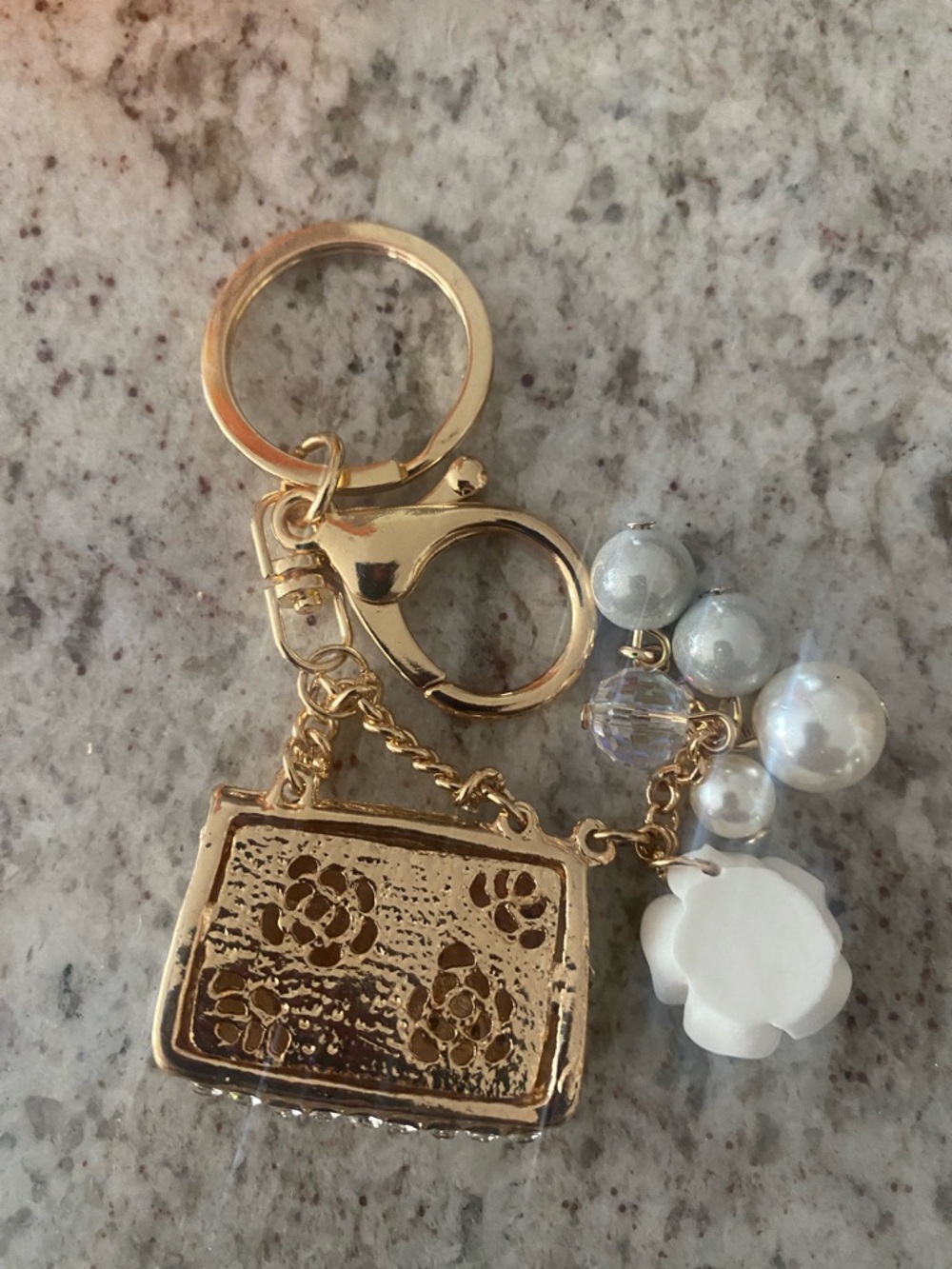 Gold Crystal Mini Purse bag charm Keychain with White Rose and Pearls NWOT - Picture 4 of 5